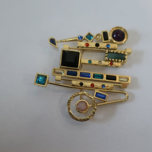 Women Patricia Locke Gold-Toned Multi Crystal Gems Abstract Modernist Brooch Pin - Picture 3 of 5